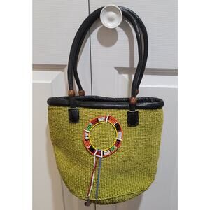 Vintage 70s 80s Tribal Yellow Green Woven Basket Beaded Handbag Purse Handmade